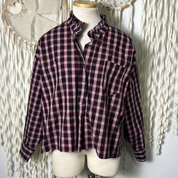 Isabel Marant Etoile Plaid Button Collar Ruffle Accent Oversized Blouse 38(M-6) - Picture 1 of 9